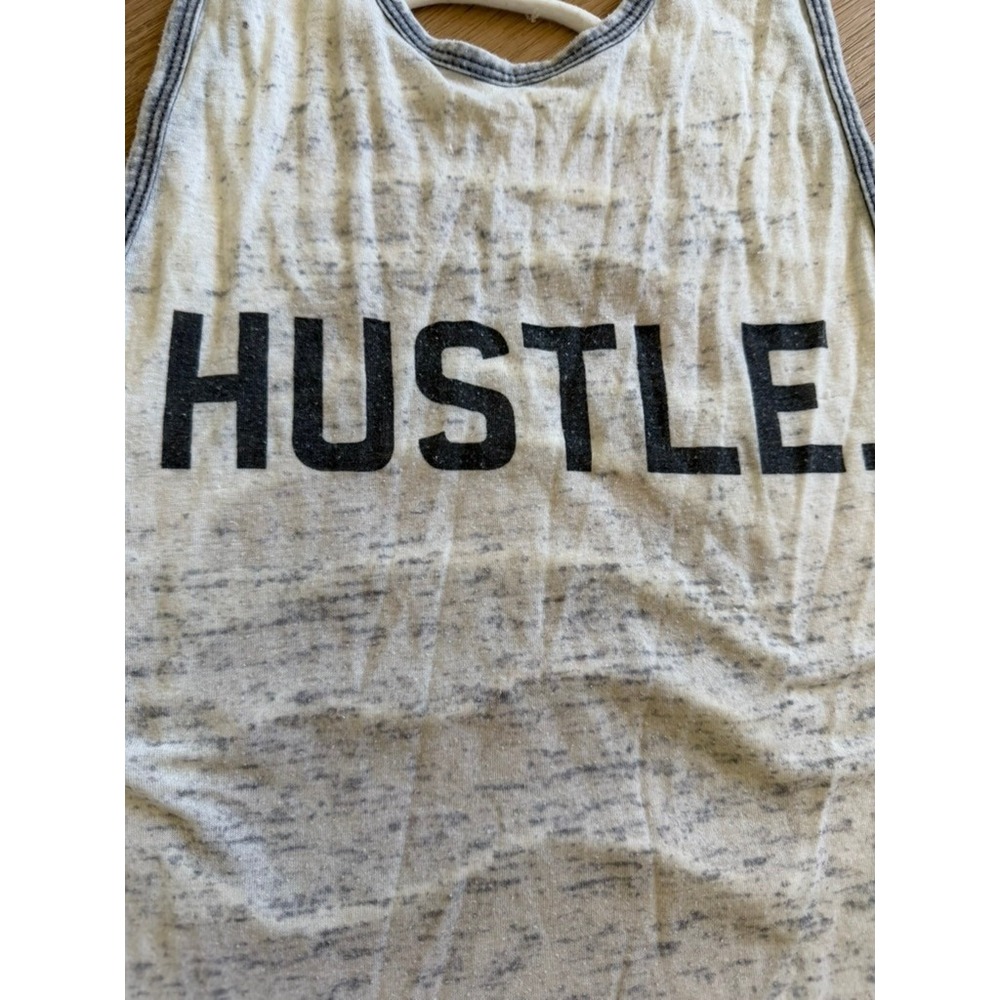Popular Basics Hustle Graphic Tank Top White Grey Space Dye‎ Shredded Back Small